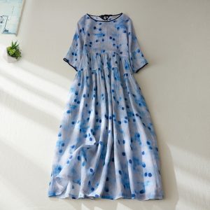 Robe Mi-Longue Lin Coton Confortable Patchwork