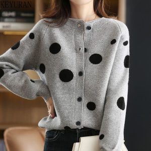 Cardigan Jacquard Femme Pois Col Rond Cachemire