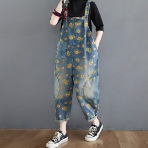 Salopette En Jean Imprimé Tournesol Pour Femmes, Bretelles En Denim, Combinaisons Cowboy