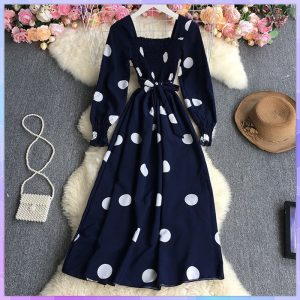 Robe Mi-Longue Pois Col Carré