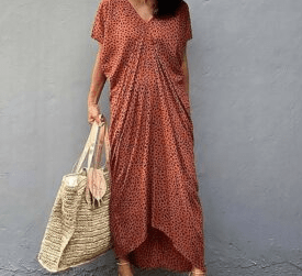 Robe Plage Longue Femmes Élégante Décontractée Imprimée Col En V Boho Vêtements Motifs Pois