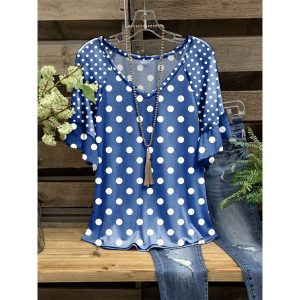T-Shirt Bleu Pois Blancs Élégant Femmes Mode