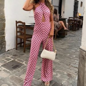 Combinaison Dos Nu Géométrique Jambe Large Rose – Salopette Rétro