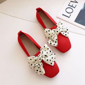 Mocassins Tricotés Femmes Marche Carré Rouge