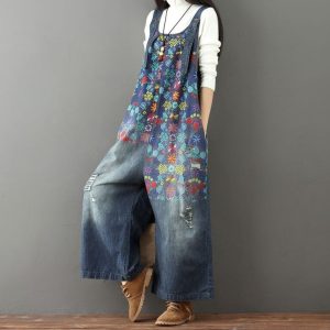 Combinaisons Denim Rayées Large Femme – Salopette Harajuku Floral