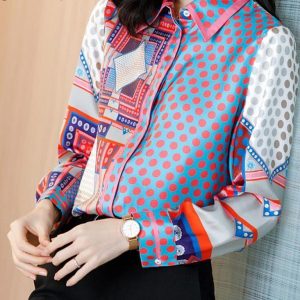 Inj-Like Chemisier Femme Été Géométrique Boutonnage Rabattu