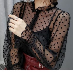 Chemisier Mousseline Femme Sexy Transparente Pois