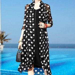 Veste Longue Élégance Féminine Cardigan Solaire Pois