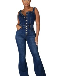 Combinaison En Jean Denim Bleu Foncé Pour Femme