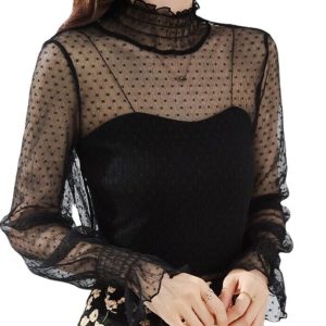 Chemisier Manches Longues Dentelle Pois
