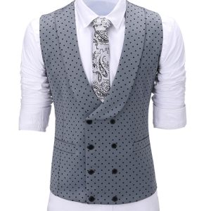 Gilet Double Boutonnage Gris Marine Motif Pois Homme