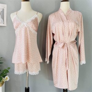 Ensemble Nuit Satin Imprimé Bretelles Court 3 Pièces – Motif À Pois