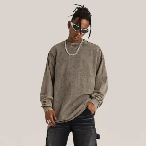 "DLVD" T-shirt Manches longues Molletonné Délavé Marron Gris - URB1™