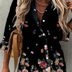 Chemise longue noire fleurie