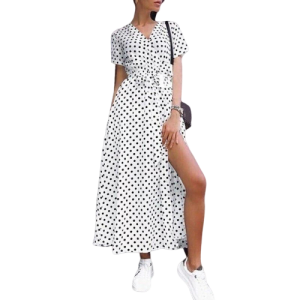 Robe Longue Fendue Blanche À Pois