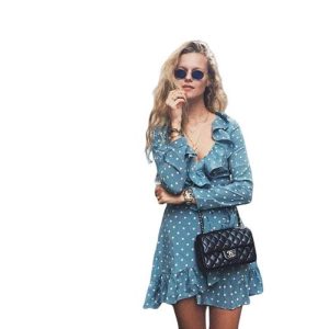 Robe Longue A Pois Bleu Marine Avec Ceinture