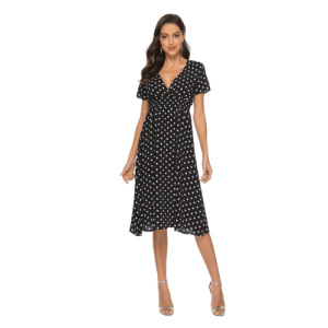 Robe Noire Fluide Col V À Pois Courte