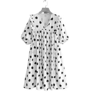 Robe A Pois Courte Chemisier Blanc En Dentelle Manches