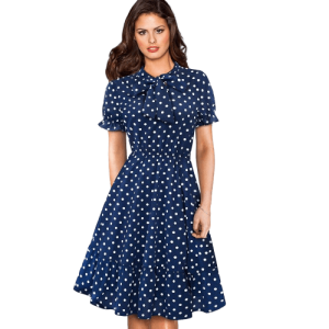 Robe Bleu Cravate Assortie À Pois Courte Manches Pinup