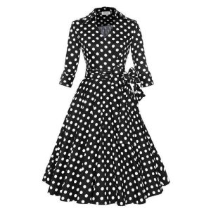 Robe Manche Longue A Pois Tunique Vintage Femme