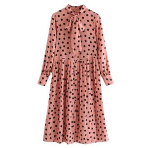 Robe Longue A Pois Jupes Plissee Rose
