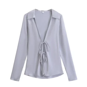 Chemise grise soie satin à nœud