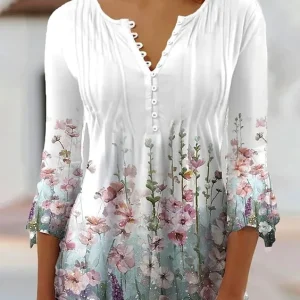 Chemise sans col fleur blanc et rose